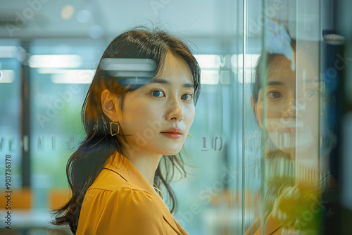 Portrait of a young Asian woman behind glass. Generated by artificial intellige photo