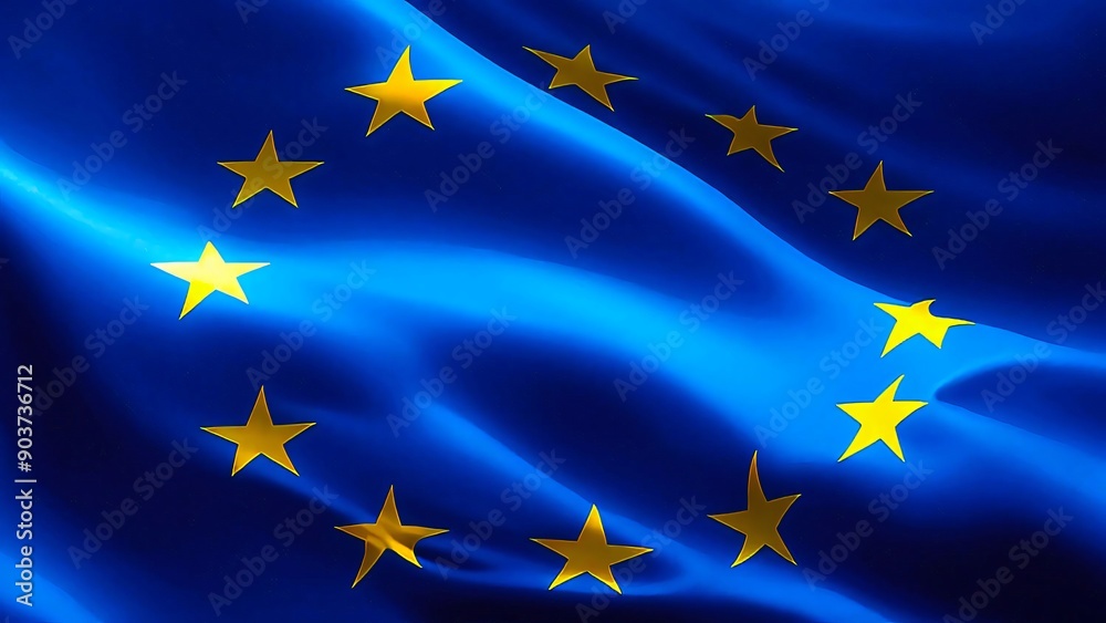 European Union flag waving in the wind. Close up of Europe banner blowing, soft and smooth silk. Cloth fabric texture ensign background. Use it for national day and country occasions concept. European Union flag waving in the wind. Close up of Europe banner blowing, soft and smooth silk. Cloth fabric texture ensign background. Use it for national day and country occasions concept.