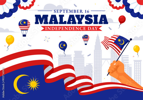 Happy Malaysia Independence Day Vector Illustration on September 16 with Waving Flag and Ribbon in a National Holiday Flat Style Cartoon Background