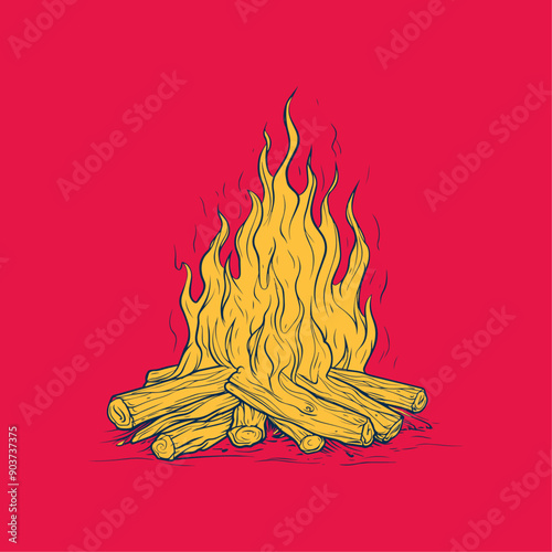 A hand-drawn illustration of a campfire with bright yellow flames rising from a pile of logs.