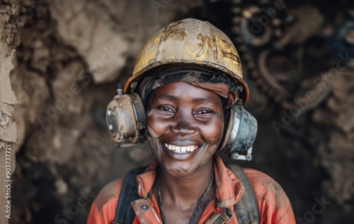 Smiling African woman miner in mining uniform.Generated image