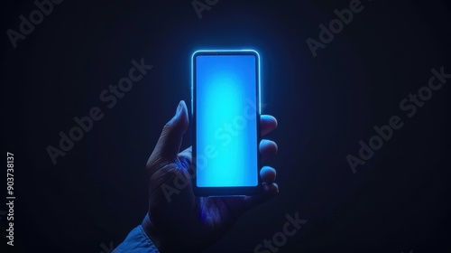 Close up Young man's hand holding mobile phone with empty screen against neon blue light background,Male hand with smartphone.Blank white screen. Mock-up. Red and blue neon light in dark black room.