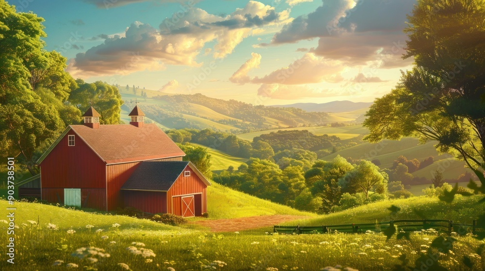 Red Barn in a Lush Green Valley Red Barn in a Lush Green Valley