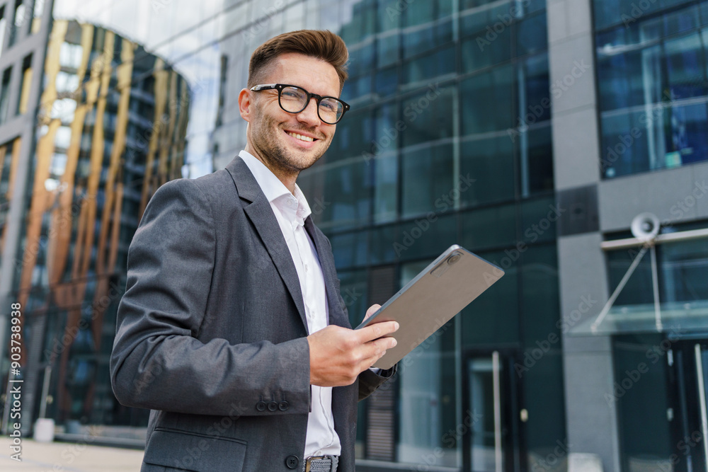 A smiling young businessman in a gray suit uses a tablet outdoors, standing in front of modern office buildings. A smiling young businessman in a gray suit uses a tablet outdoors, standing in front of modern office buildings.