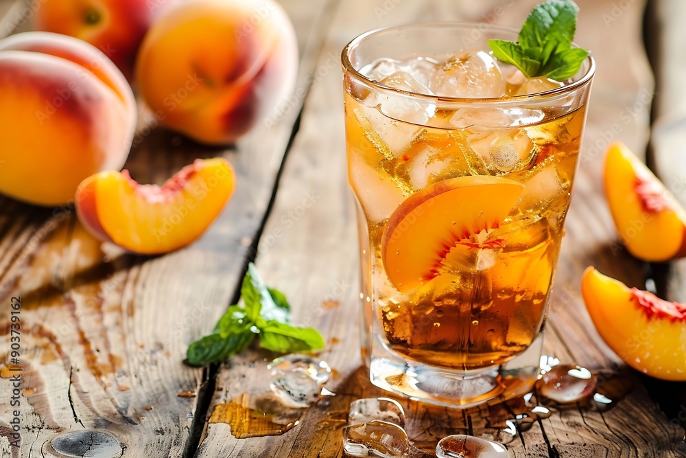 Peach ice tea with mint in a glass on a wooden background Peach ice tea with mint in a glass on a wooden background