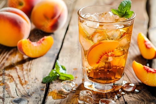 Peach ice tea with mint in a glass on a wooden background