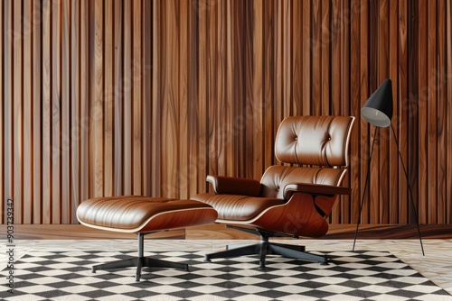 Retro Chic Mid-Century Modern Living Room with Eames Lounge Chair, Geometric Rug, and Blank Canvas Mockup by Wood Paneling Wall photo