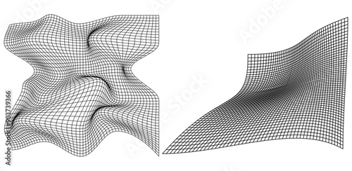 Two distorted square grid, warped geometric surface grid shapes