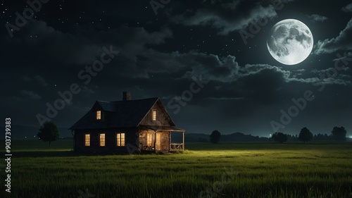 A lonely house with glowing windows stands in a field, a huge moon shines in the sky