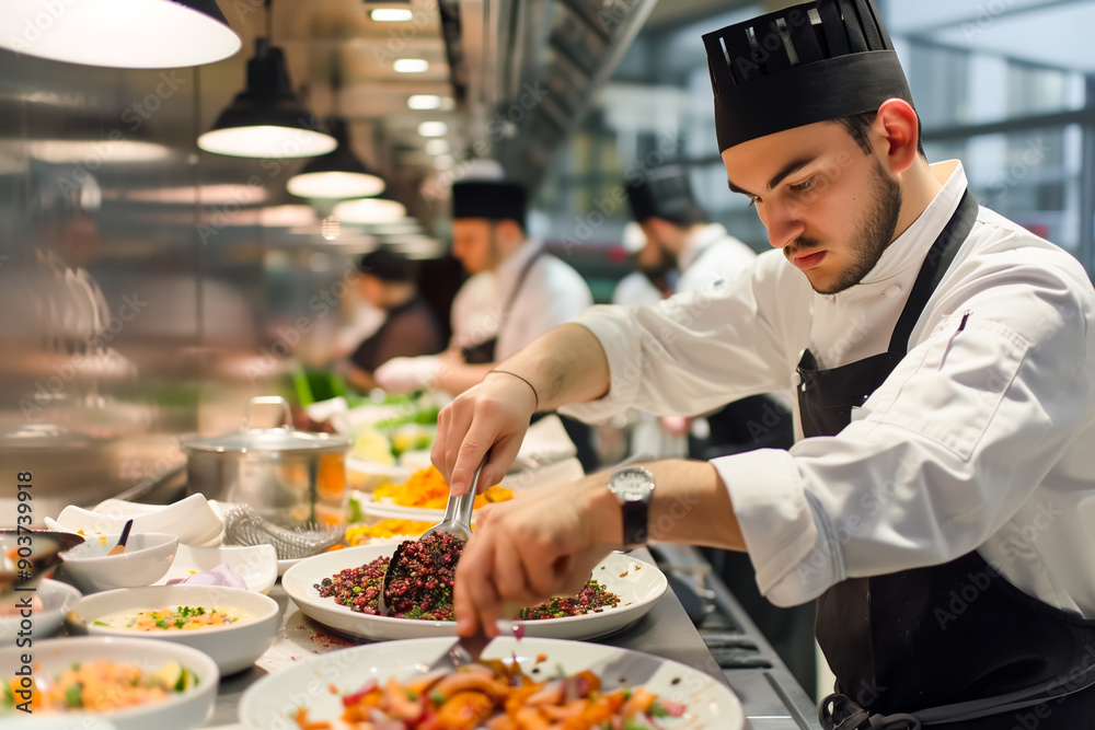Chef prepares and serves a dish in the restaurant kitchen. Chef prepares and serves a dish in the restaurant kitchen.