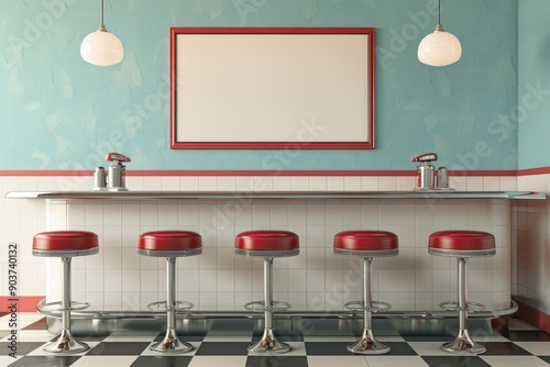 Retro 1950s Diner Kitchen with Red Vinyl Bar Stools and Checkered Floor, Blank Poster for Menu Display