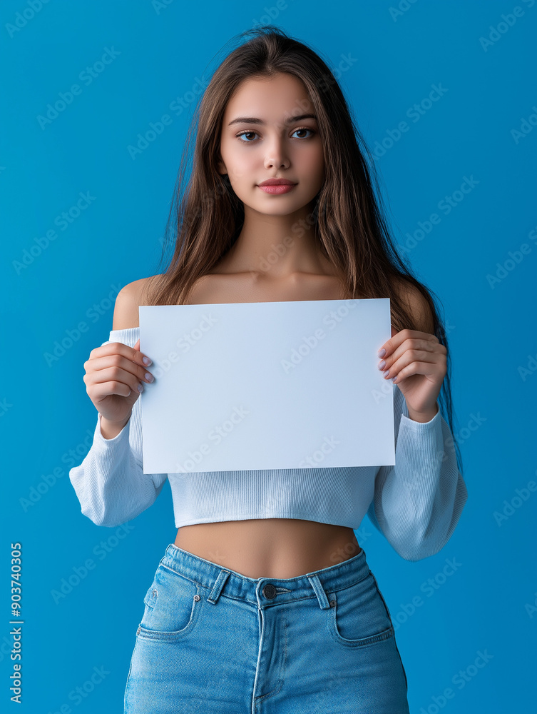 Young woman with long hair holding blank paper against blue background Young woman with long hair holding blank paper against blue background