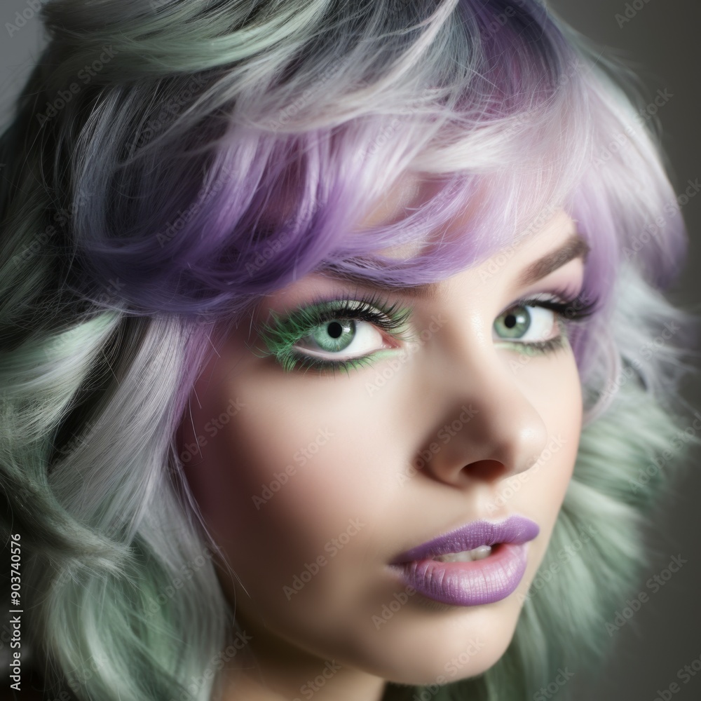 Girl with pink, purple hair, green hair, makeup, hair, skincare, beauty concept Girl with pink, purple hair, green hair, makeup, hair, skincare, beauty concept