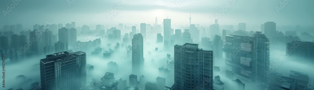 Naklejka premium A city skyline is covered in fog, giving the impression of a desolate and eerie atmosphere. The buildings are tall and dark, with the fog obscuring their outlines. The sky is cloudy and overcast