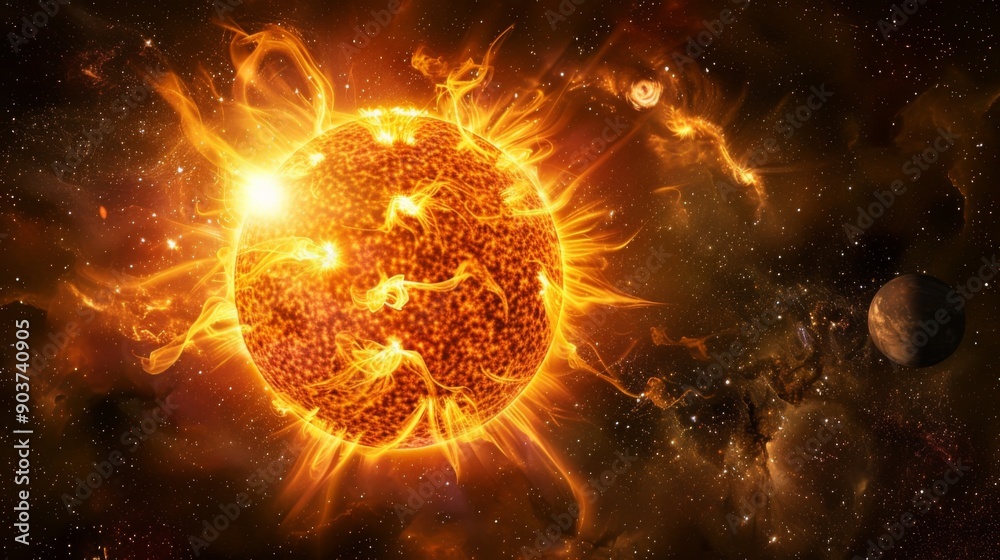Powerful Sun in space close up. Burning star with plasma emissions in the starry sky. The Sun star in the solar system Powerful Sun in space close up. Burning star with plasma emissions in the starry sky. The Sun star in the solar system