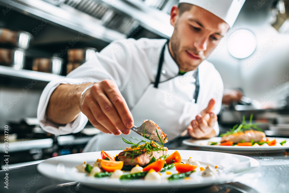 Chef prepares and serves a dish in the restaurant kitchen. Chef prepares and serves a dish in the restaurant kitchen.