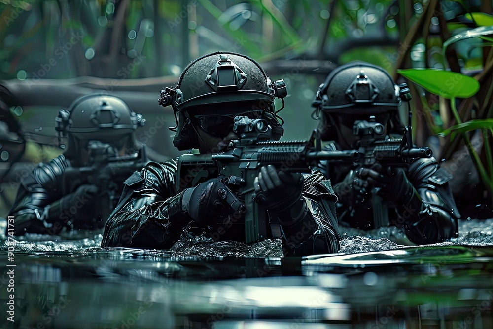 Tactical Soldiers Wading Through Water