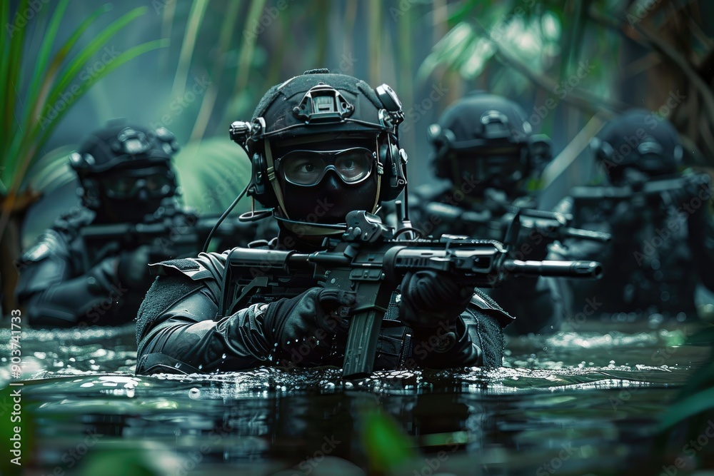 Fototapeta premium Tactical Soldiers Wading Through Water
