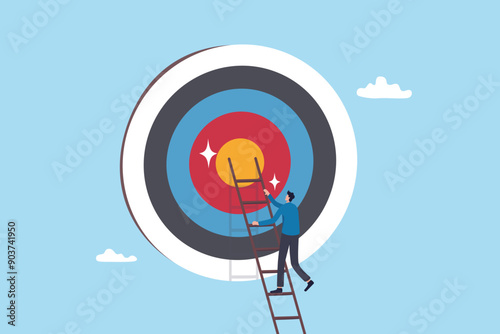 Climb up ladder to reach target or goal, aspiration to success, growth or aiming to achieve target, objective or purpose, motivation to winning concept, businessman climbing ladder to business goal.