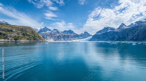 In Alaska, USA, a cruise ship is sailing toward Johns Hopkins Glacier in Glacier Bay. Overlooking the summertime scenery.