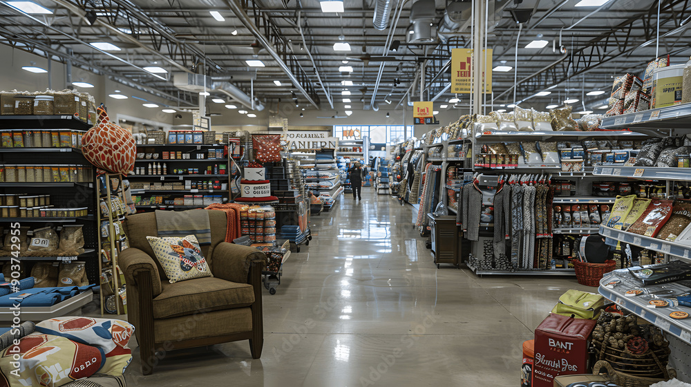 Home goods store with discount event and promotional displays Home goods store with discount event and promotional displays