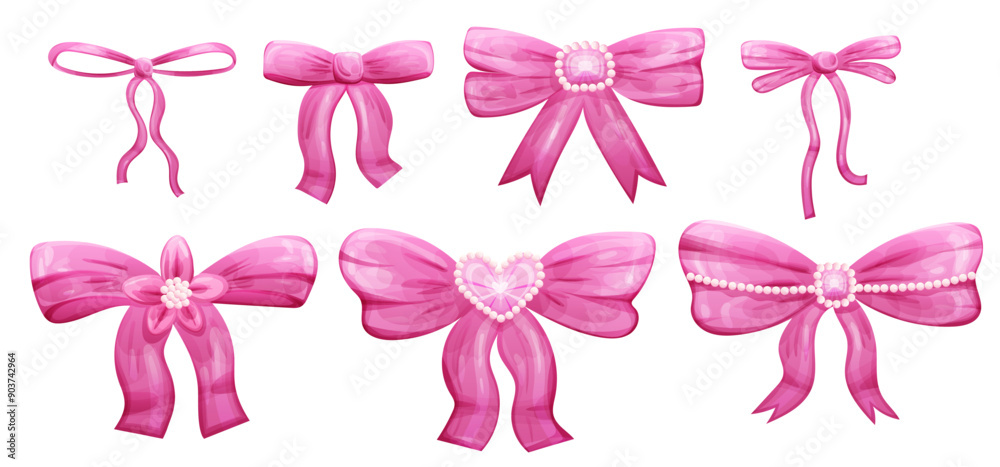 Set of pink hair bow and ribbon with pearls. Vector illustration Set of pink hair bow and ribbon with pearls. Vector illustration