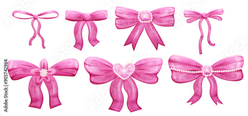 Set of pink hair bow and ribbon with pearls. Vector illustration