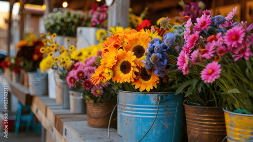 Wallpaper Mural Market stall with fresh vibrant flowers in rustic buckets in a cheerful setting Torontodigital.ca