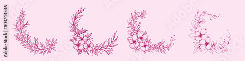 A digital illustration showcasing four different floral wreaths and arrangements in a pink outline, depicting delicate flowers and leaves on a pink background.