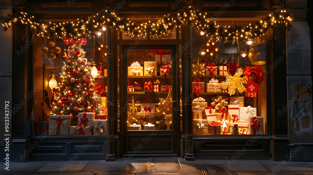 Storefront with holiday display and wrapped gifts