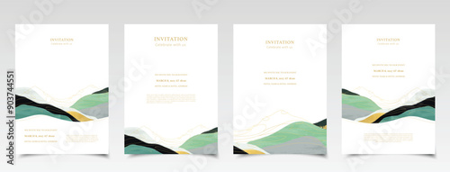 Set of minimalist premium design invitations with mountain landscape. Wedding invitation set. Design template for event flyers. Nature retreat. Collection of abstract backgrounds with waves. Mountains