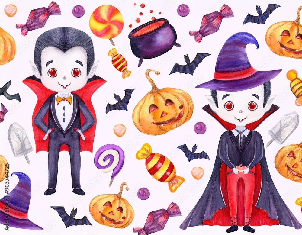 Set of cute watercolor Halloween's Day elements. Isolated on white background. Can be used for Halloween's day, greeting cards and invitations. Hand drawn watercolor illustration. Set of cute watercolor Halloween's Day elements. Isolated on white background. Can be used for Halloween's day, greeting cards and invitations. Hand drawn watercolor illustration.