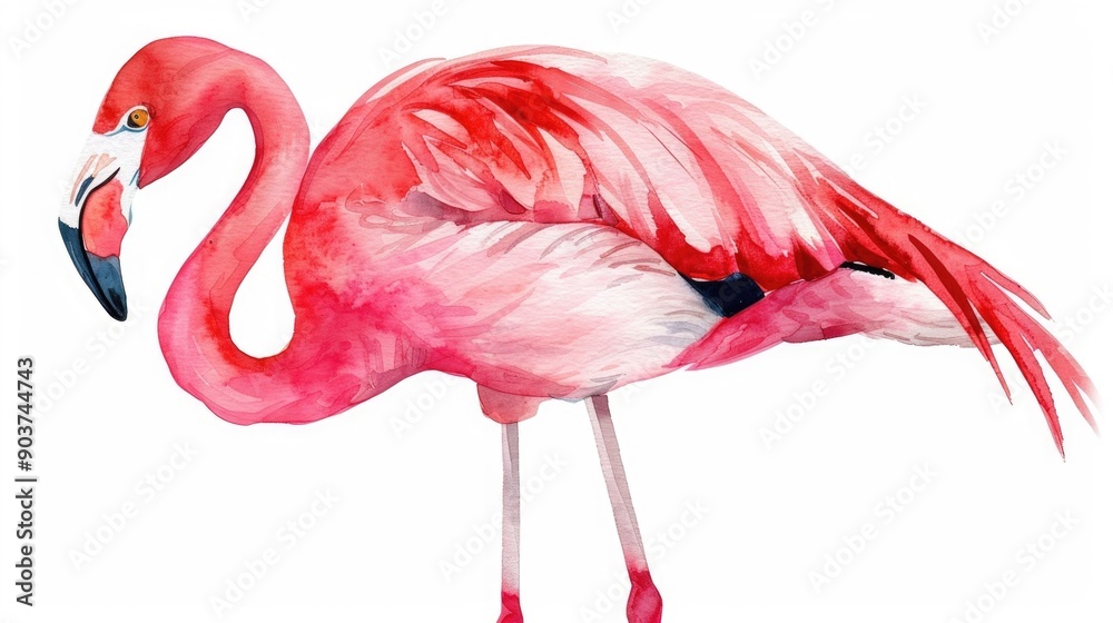 Obraz premium Beautifully rendered watercolor of a graceful flamingo standing with vibrant pink feathers against a clean white background This whimsical decorative artwork has a soft