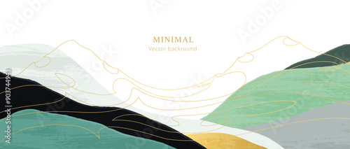 Mountain background vector. Minimal abstract design template. Green hills in watercolor style. Golden lines. Line art. Horizontal luxury banner, website header. White background gold text, font