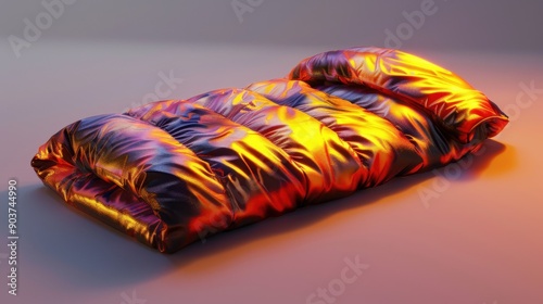 23. Thermal Sleeping Bag, realistic style, vibrant hues, metallic pattern, eye level, soft light, shadows,