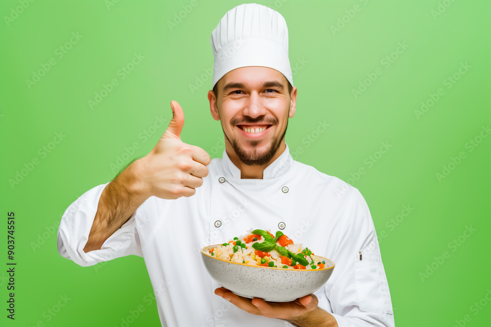 Happy, smiling male chef in a toque holding a plate of fried rice and showing a thumbs up against a green background. Happy, smiling male chef in a toque holding a plate of fried rice and showing a thumbs up against a green background.