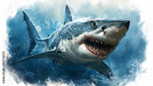 Fierce great white shark with sharp teeth swims powerfully in the vast ocean, exuding danger and wildness