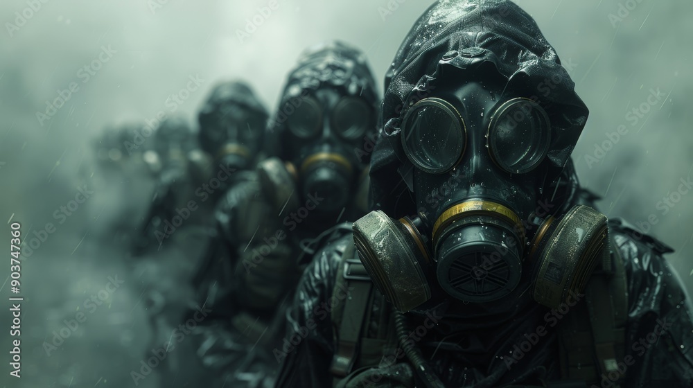 Group of soldiers wearing gas masks are walking in a line through toxic smoke Group of soldiers wearing gas masks are walking in a line through toxic smoke