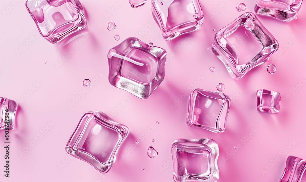 Multiple transparent ice cubes scattered on a reflective pink surface creating a visually striking composition Multiple transparent ice cubes scattered on a reflective pink surface creating a visually striking composition