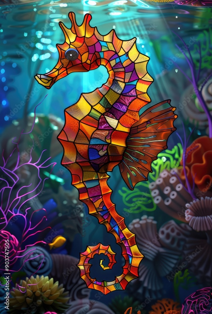Stained Glass Seahorse in an Underwater World Stained Glass Seahorse in an Underwater World