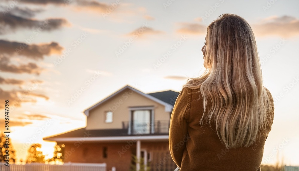 Rear View, Young family looking at their new home standing, real estate purchase, Generative AI Rear View, Young family looking at their new home standing, real estate purchase, Generative AI