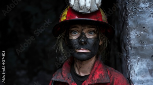 Portrait of a female firefighter with black soot on her face.Generated image photo