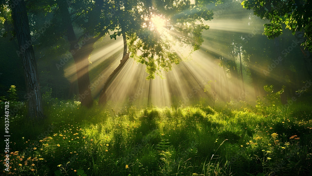 Obraz premium Morning in the misty spring forest with sun