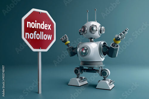 Robot next to a stop sign with noindex nofollow text on a blue background. Robots meta tags used to block search engines from indexing the web page for SEO photo