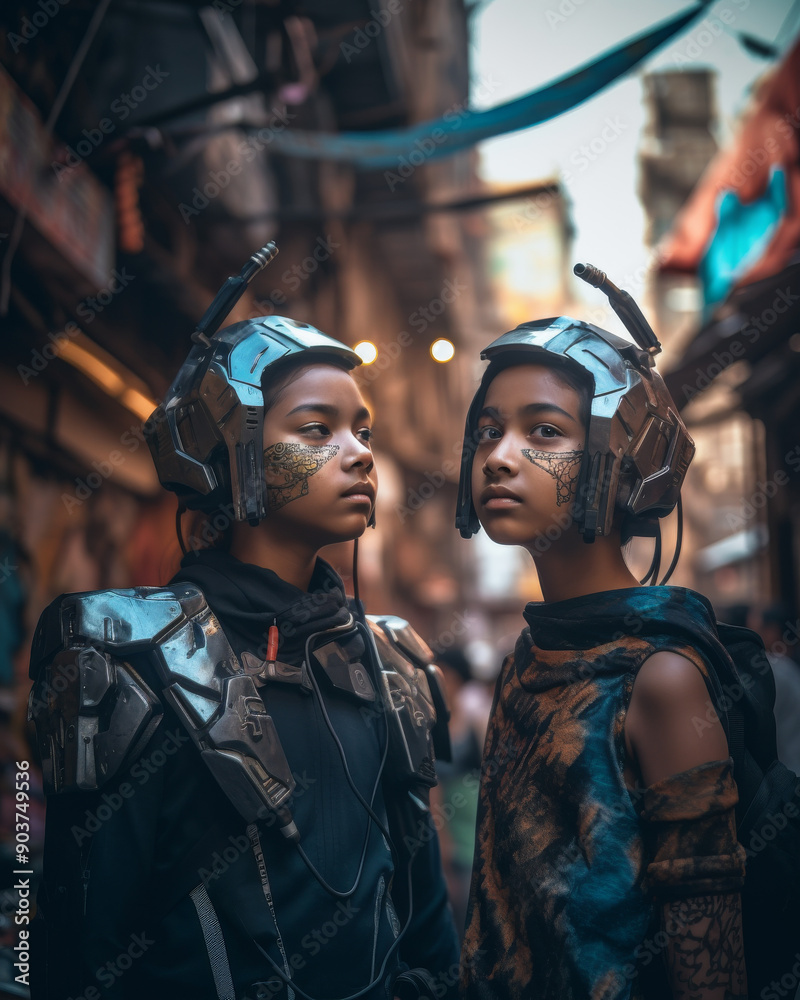 Dynamic Indian Cyborg Siblings in Futuristic Armor Dynamic Indian Cyborg Siblings in Futuristic Armor