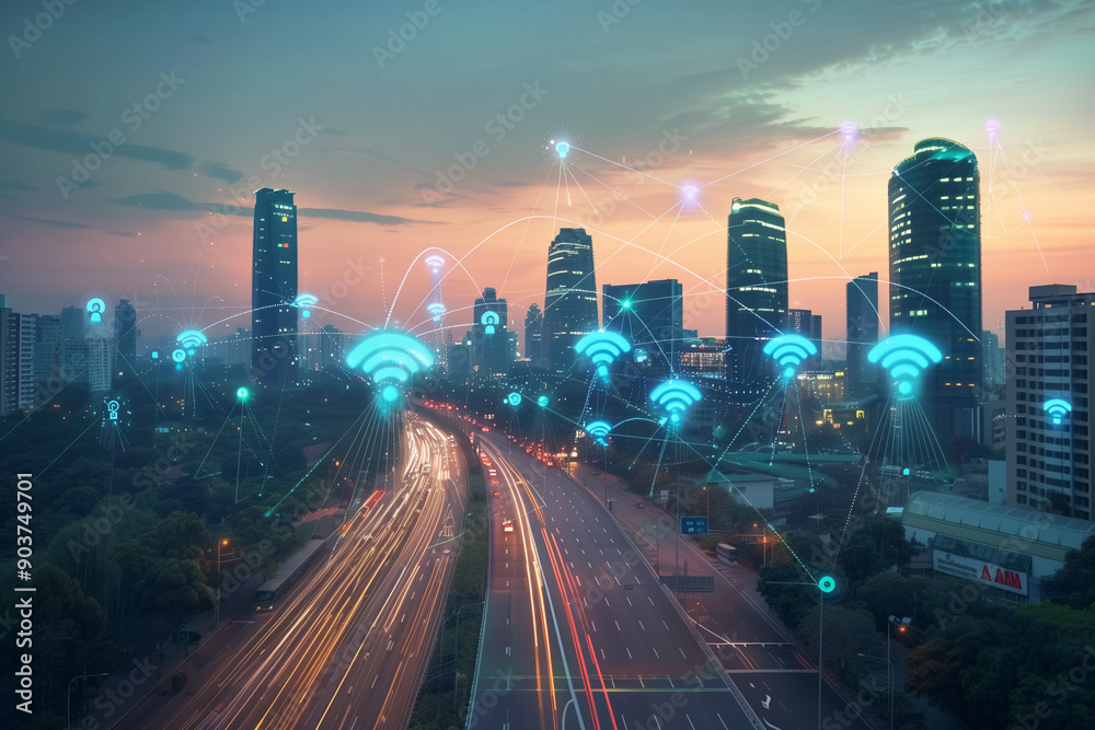 Fototapeta premium Smart city and wireless communication network concept. Digital network connection lines. Generative AI .