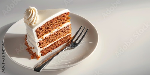 Delicious slice of sweet carrot cake on white background. Piece of carrot cake iced with cream cheese frosting, walnuts on a plate ready to eat. Sweet dessert. Close-up. Sansebastian cake, copy space photo