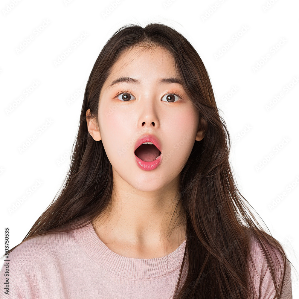 A young woman expresses surprise with a wide-open mouth and wide eyes, showcasing her astonishment on transparent background cutout, PNG file. A young woman expresses surprise with a wide-open mouth and wide eyes, showcasing her astonishment on transparent background cutout, PNG file.