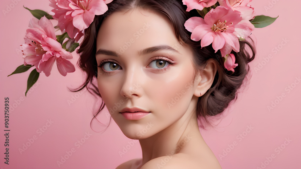 Close-up portrait of a woman with pink flowers