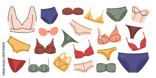Set of colorful womans underwear. Vector bra and pants collection.